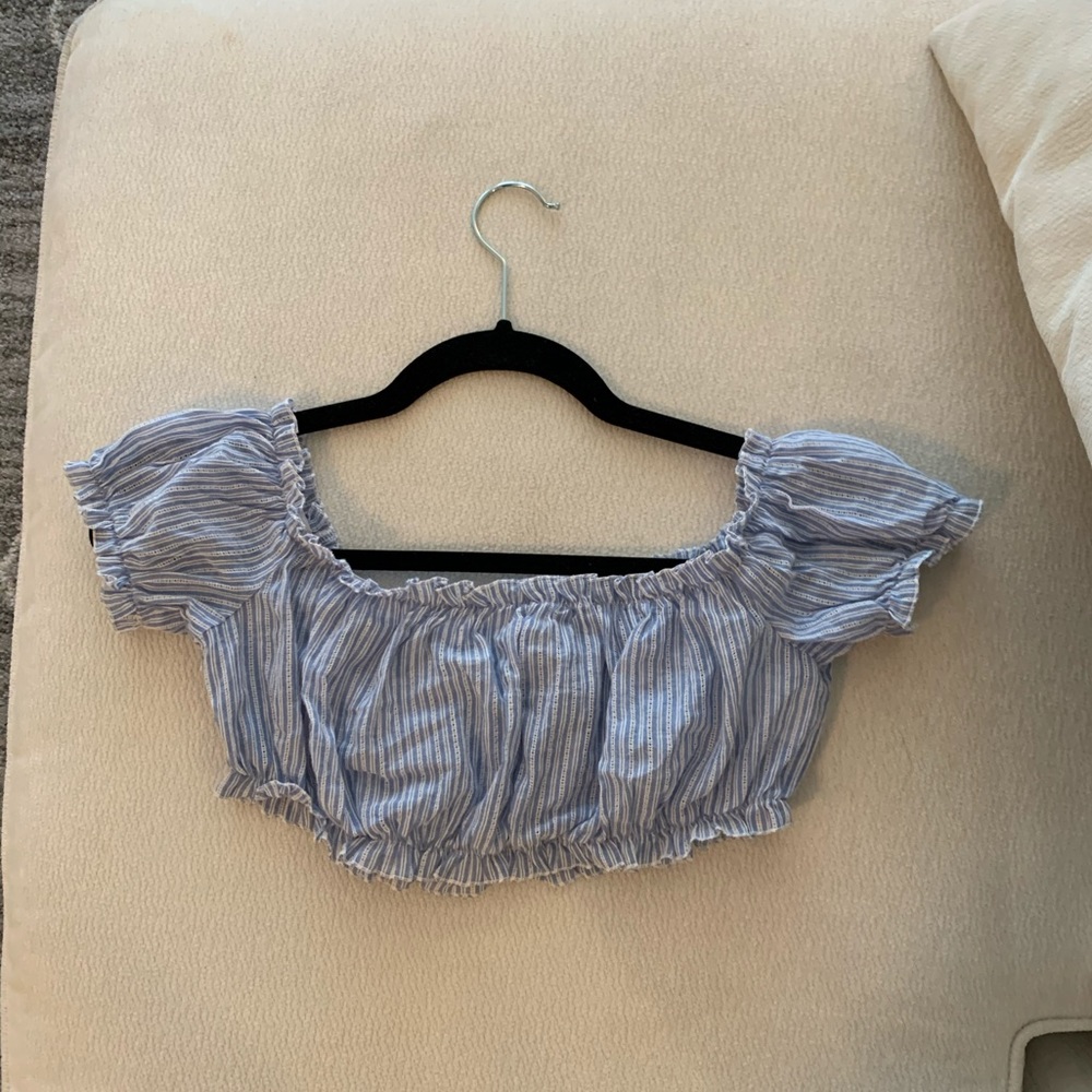 By The Way puff blue striped super crop top